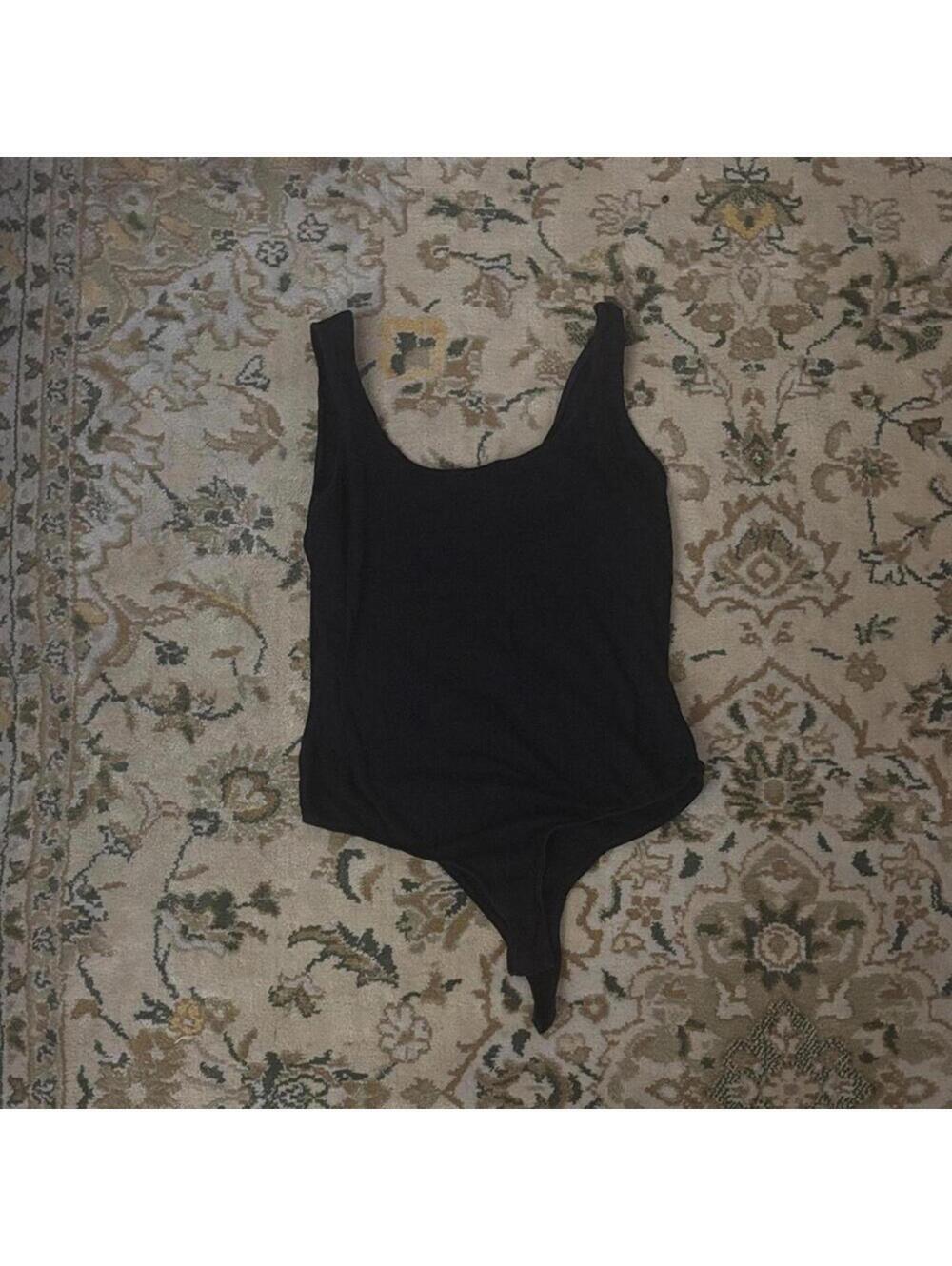 Black Sleeveless  Deep Scoop neck Bodysuit Basic Minimal Capsule Casual Layering